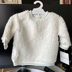 Indigo Baby white fuzzy sweater with baby blue detail